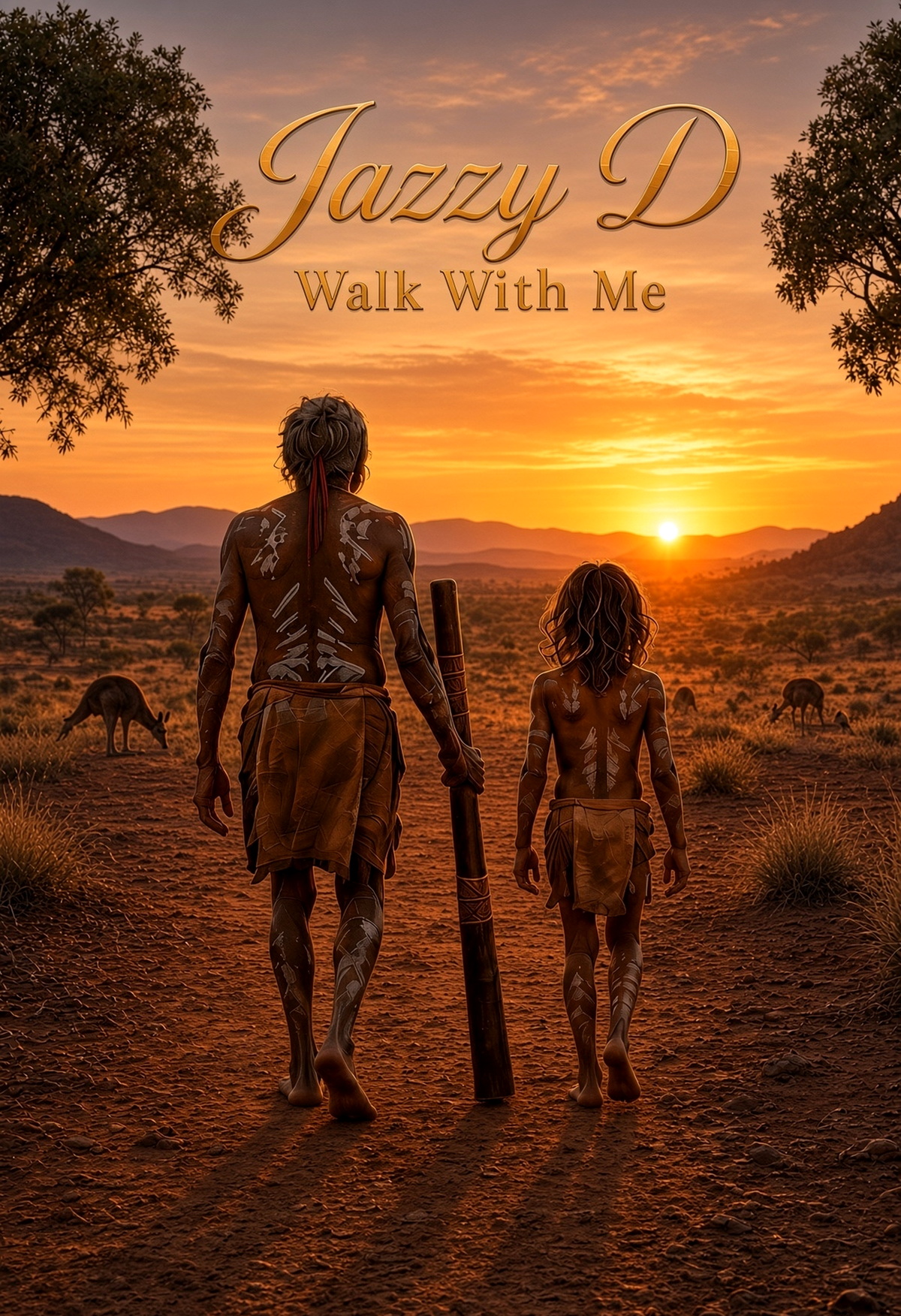Walk With Me cover — Elder and child on red-ochre Country at sunset